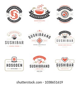 Sushi restaurant logos set vector illustration. Japanese food, sushi and rolls silhouettes. Vintage typography badges design.