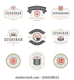 Sushi restaurant logos set vector illustration. Japanese food, sushi and rolls silhouettes. Vintage typography badges design.