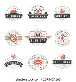 Sushi restaurant logos set vector illustration. Japanese food, sushi and rolls silhouettes. Vintage typography badges design.