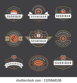 Sushi restaurant logos set vector illustration. Japanese food, sushi and rolls silhouettes. Vintage typography badges design.