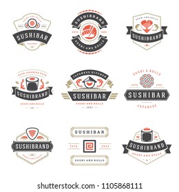 Sushi restaurant logos set vector illustration. Japanese food, sushi and rolls silhouettes. Vintage typography badges design.