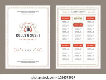 Sushi restaurant menu design and logo vector brochure template. Roll silhouette.