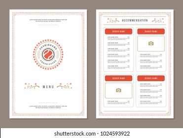 Sushi restaurant menu design and logo vector brochure template. Roll silhouette.