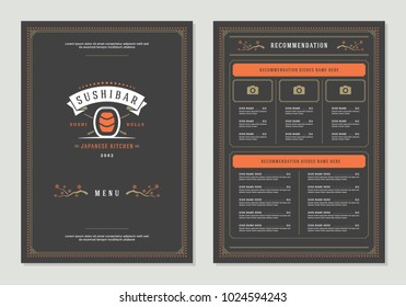 Sushi restaurant menu design and logo vector brochure template. Roll silhouette.