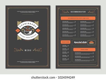 Sushi restaurant menu design and logo vector brochure template. Noodle silhouette.