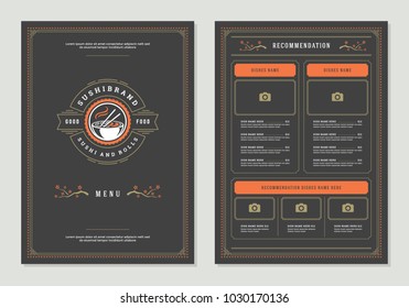 Sushi restaurant menu design and logo vector brochure template. Noodle silhouette.