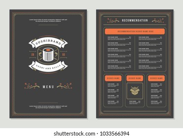 Sushi restaurant menu design and logo vector brochure template. Roll silhouette.