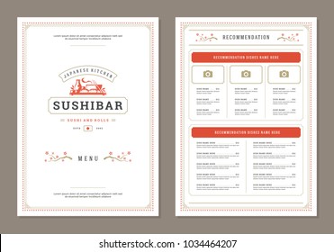 Sushi restaurant menu design and logo vector brochure template. Food silhouette.