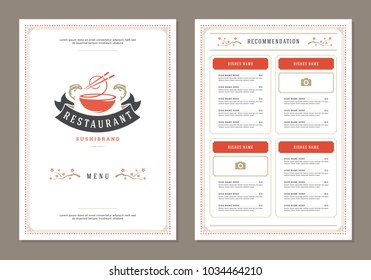 Sushi restaurant menu design and logo vector brochure template. Noodle silhouette.