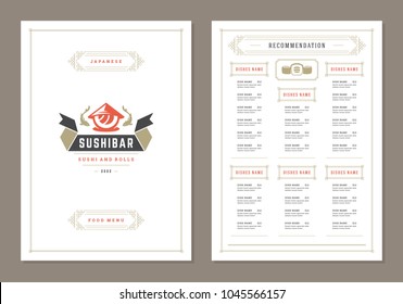 Sushi restaurant menu design and logo vector brochure template. Roll silhouette.