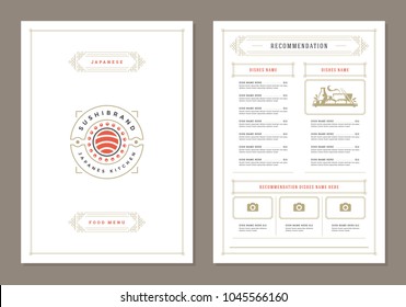 Sushi restaurant menu design and logo vector brochure template. Roll silhouette.