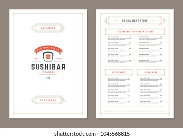 Sushi restaurant menu design and logo vector brochure template. Roll silhouette.