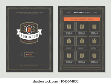 Sushi restaurant menu design and logo vector brochure template. Roll silhouette.