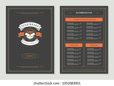 Sushi restaurant menu design and logo vector brochure template. Noodle silhouette.