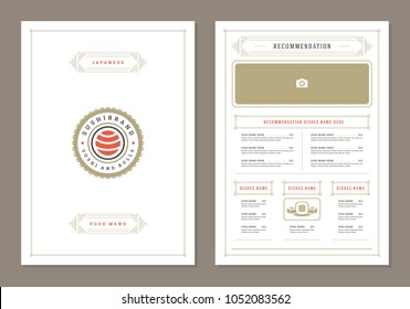 Sushi restaurant menu design and logo vector brochure template. Roll silhouette.