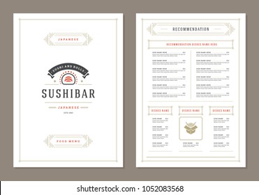 Sushi restaurant menu design and logo vector brochure template. Roll silhouette.