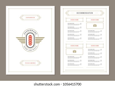 Sushi restaurant menu design and logo vector brochure template. Roll silhouette.