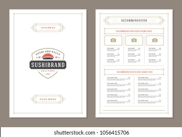 Sushi restaurant menu design and logo vector brochure template. Sashimi silhouette.