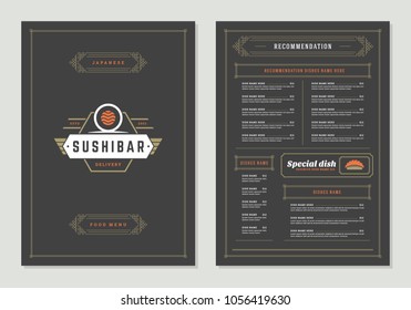 Sushi restaurant menu design and logo vector brochure template. Roll silhouette.