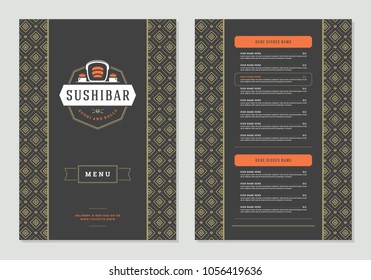 Sushi restaurant menu design and logo vector brochure template. Roll silhouette.