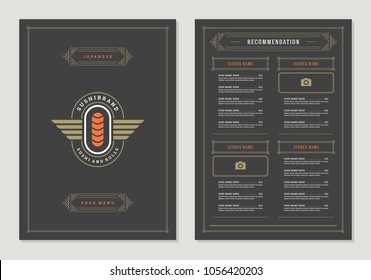 Sushi restaurant menu design and logo vector brochure template. Sashimi silhouette.