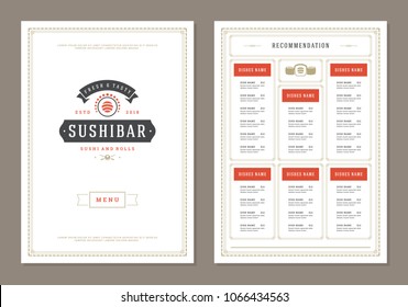 Sushi restaurant menu design and logo vector brochure template. Roll silhouette.