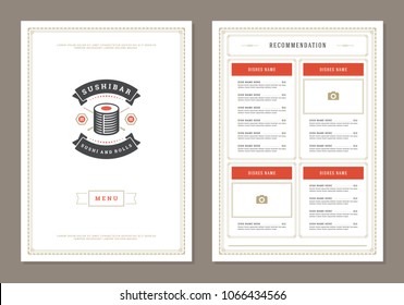 Sushi restaurant menu design and logo vector brochure template. Roll silhouette.