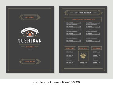 Sushi restaurant menu design and logo vector brochure template. Roll silhouette.