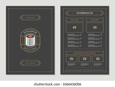 Sushi restaurant menu design and logo vector brochure template. Roll silhouette.