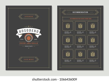Sushi restaurant menu design and logo vector brochure template. Roll silhouette.