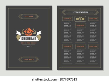 Sushi restaurant menu design and logo vector brochure template. Roll silhouette.