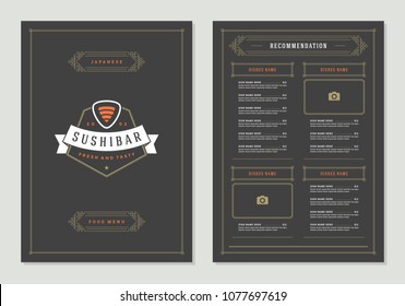 Sushi restaurant menu design and logo vector brochure template. Roll silhouette.