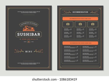 Sushi restaurant menu design and logo vector brochure template. Noodle silhouette.