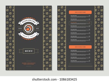 Sushi restaurant menu design and logo vector brochure template. Roll silhouette.