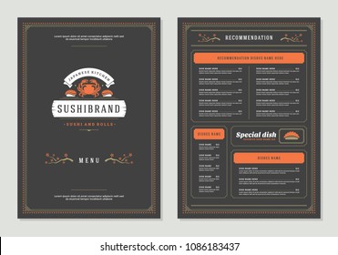Sushi restaurant menu design and logo vector brochure template. Sashimi silhouette.