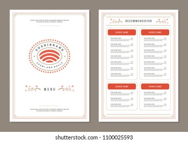 Sushi restaurant menu design and logo vector brochure template. Roll silhouette.