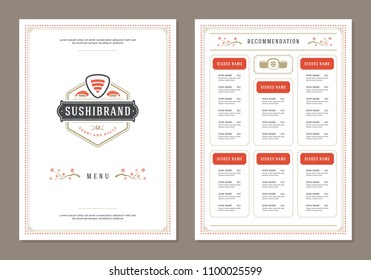 Sushi restaurant menu design and logo vector brochure template. Roll silhouette.