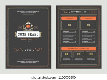 Sushi restaurant menu design and logo vector brochure template. Roll silhouette.