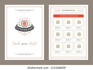 Sushi restaurant menu design and logo vector brochure template. Roll silhouette.