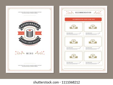 Sushi restaurant menu design and logo vector brochure template. Roll silhouette.