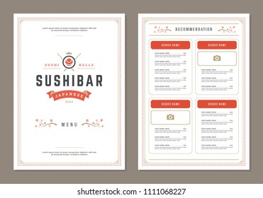 Sushi restaurant menu design and logo vector brochure template. Roll silhouette.