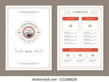 Sushi restaurant menu design and logo vector brochure template. Noodle silhouette.