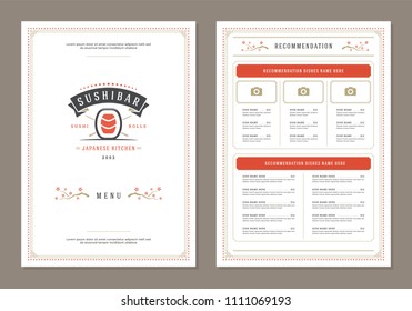 Sushi restaurant menu design and logo vector brochure template. Roll silhouette.