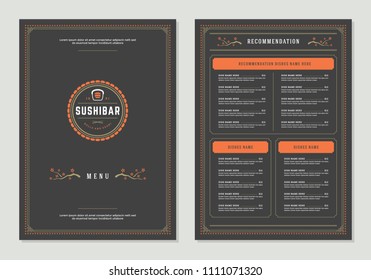 Sushi restaurant menu design and logo vector brochure template. Roll silhouette.