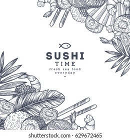 Sushi Restaurant Menu Design Template. Asian Food Frame. Vector Illustration