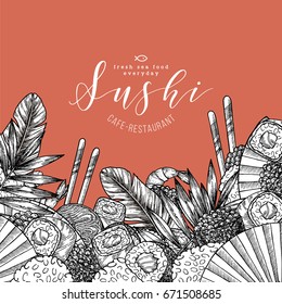 Sushi restaurant menu design template. Asian food background. Vector illustration