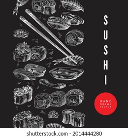 Sushi restaurant menu template in style of hand drawn image on black chalkboard, engraving vector illustration. Background for Japanese cuisine restaurant menu card.