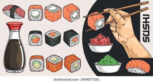 Conjunto de restaurantes de sushi de colores con rollos en la mano y soja o jengibre del menú de la Ilustración vectorial del café japonés