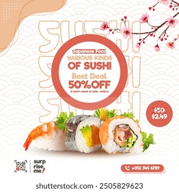 Sushi restaurant square flyer template, Sushi social media post promotion vector template