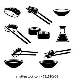 Sushi restaurant vector icon set isolated on white background. icons such as rolls, chopsticks, soy sauce and other